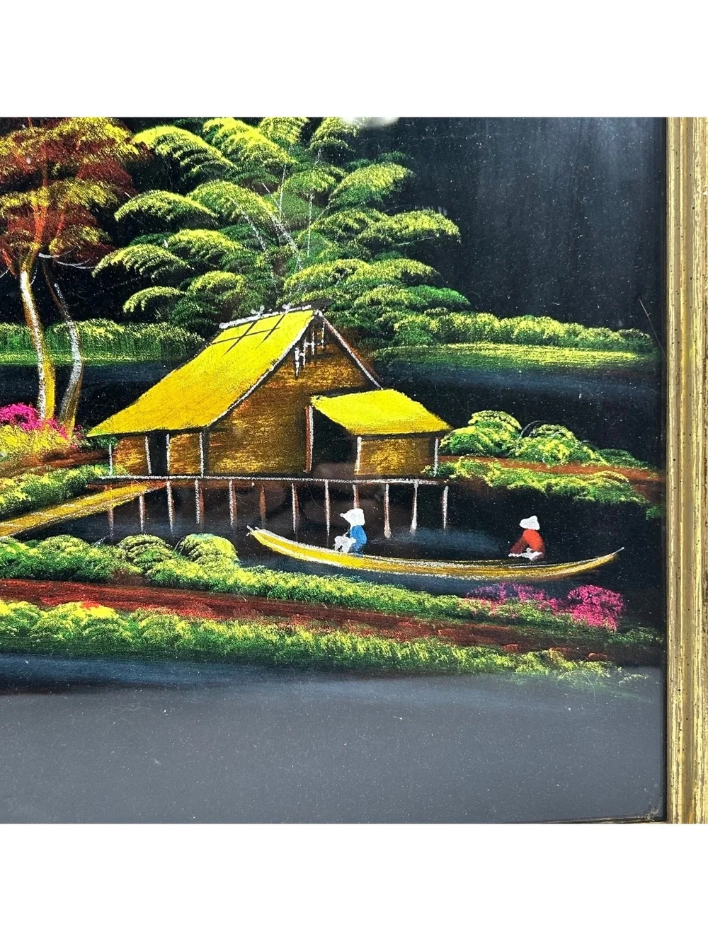 Vintage Black Vekvet Hand-Painted Landscape Art with Gold Frame